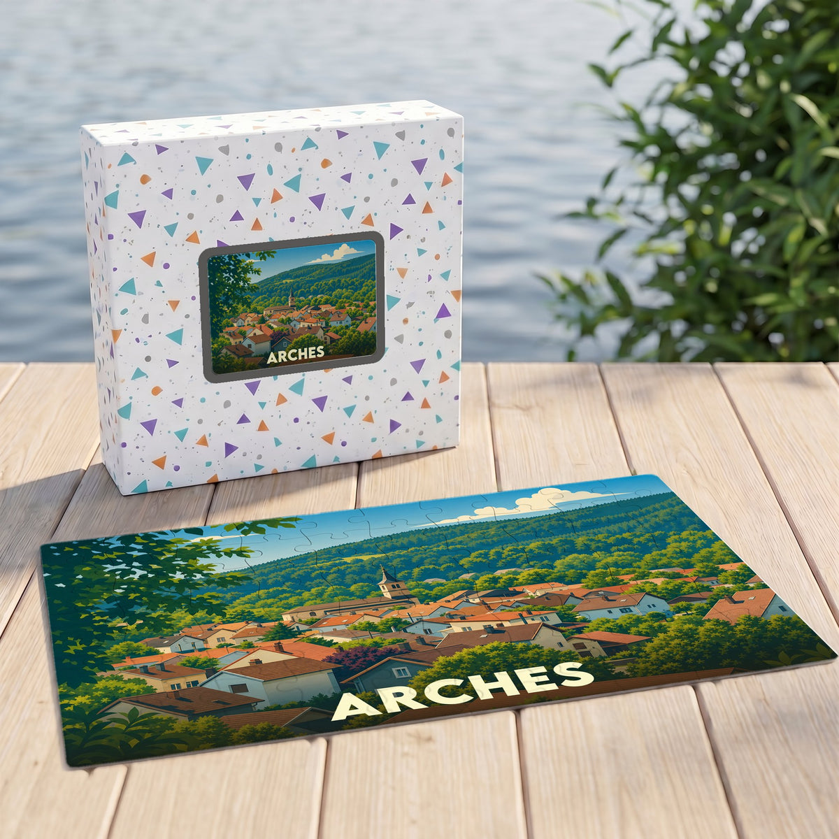 Puzzle souvenir de la ville d'Arches avec une illustration stylisée d'un village niché dans la verdure.
