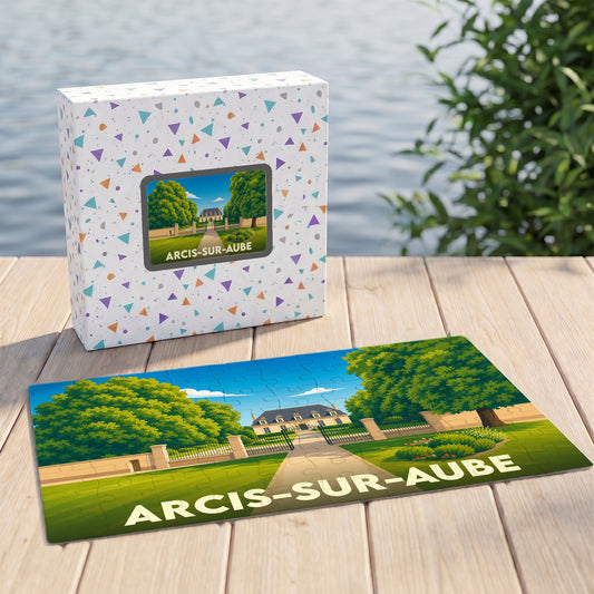 Puzzle souvenir de la ville d'Arcis-sur-Aube avec une illustration stylisée de son château.