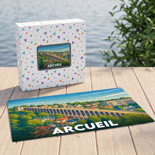 Puzzle souvenir de la ville d'Arcueil illustré d'un paysage stylisé de son célèbre aqueduc.