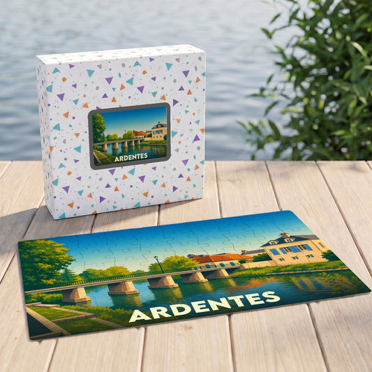 Puzzle souvenir de la ville de Ardentes illustrant un pont et un bâtiment historique au bord de l'eau.