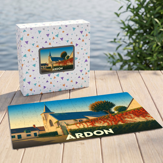 Puzzle souvenir de la ville d'Ardon représentant une église avec une illustration stylisée.