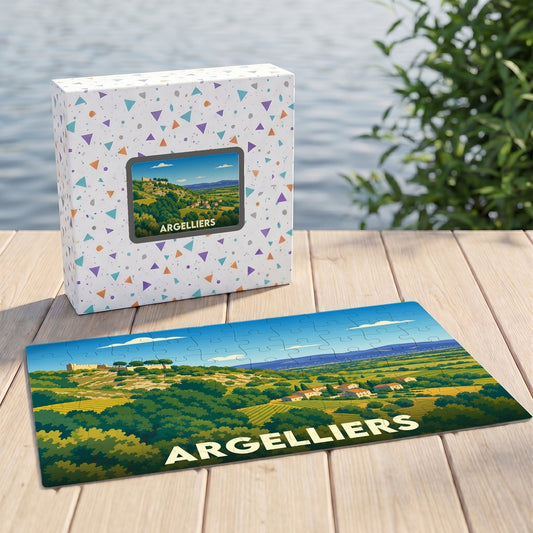 Puzzle souvenir de la ville de Argelliers avec une illustration de paysage vallonné.