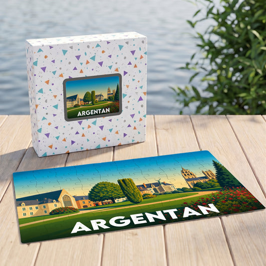 Puzzle souvenir de la ville d'Argentan représentant une illustration stylisée de ses monuments.