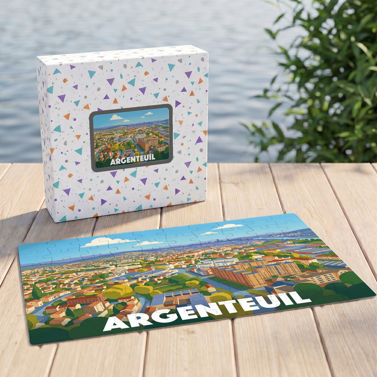 Puzzle souvenir de la ville d'Argenteuil avec une illustration panoramique stylisée et colorée.
