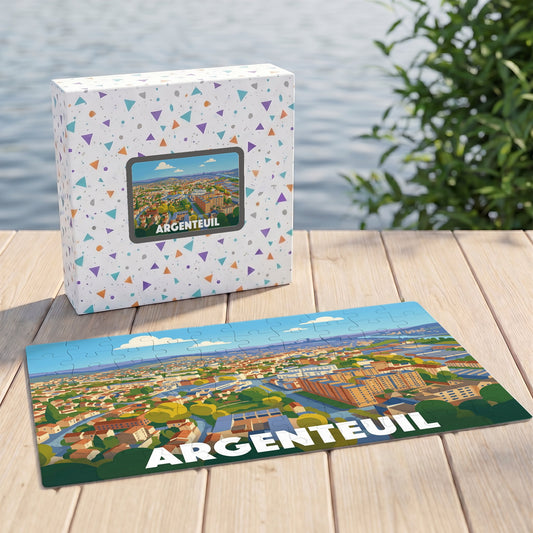 Puzzle souvenir de la ville d'Argenteuil avec une illustration panoramique stylisée et colorée.