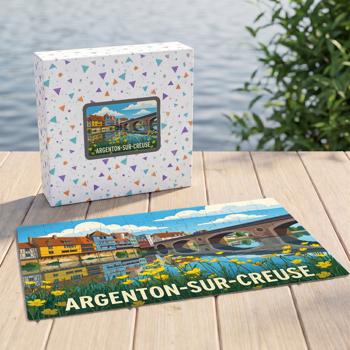 Puzzle souvenir de la ville d'Argenton-sur-Creuse avec une illustration stylisée de ses maisons colorées et de son vieux pont.