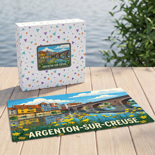 Puzzle souvenir de la ville d'Argenton-sur-Creuse avec une illustration stylisée de ses maisons colorées et de son vieux pont.