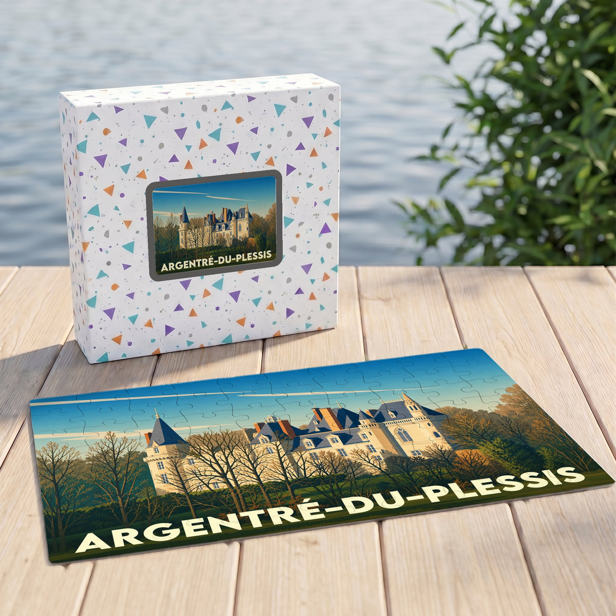 Puzzle souvenir de la ville d'Argentré-du-Plessis avec son coffret illustré.