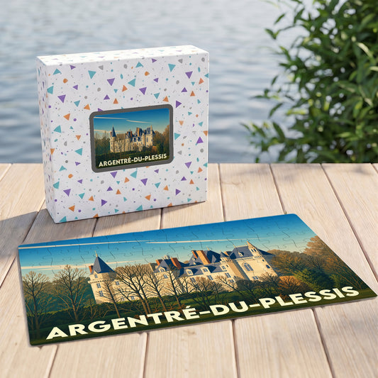 Puzzle souvenir de la ville d'Argentré-du-Plessis avec son coffret illustré.