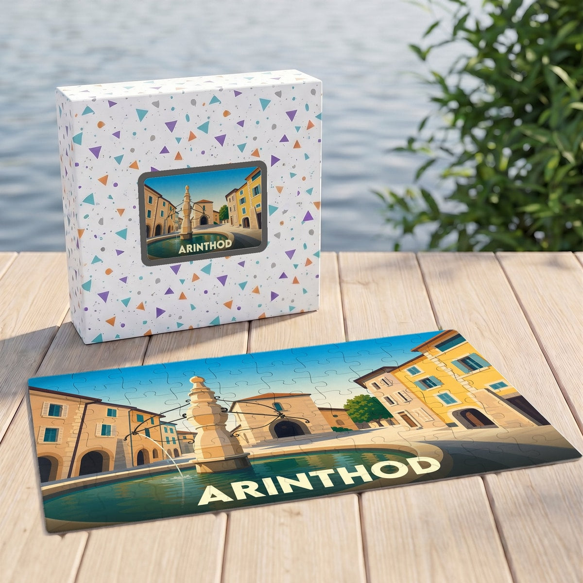 Puzzle souvenir de la ville d'Arinthod représentant une place ensoleillée avec sa fontaine dans un style illustré.