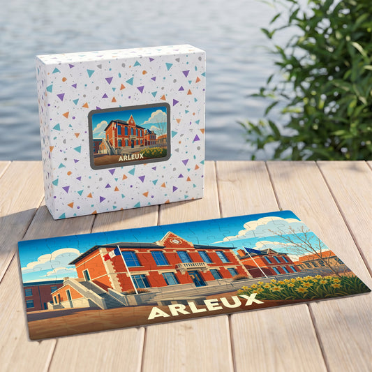 Puzzle souvenir de la ville d'Arleux représentant son hôtel de ville dans un style illustré.
