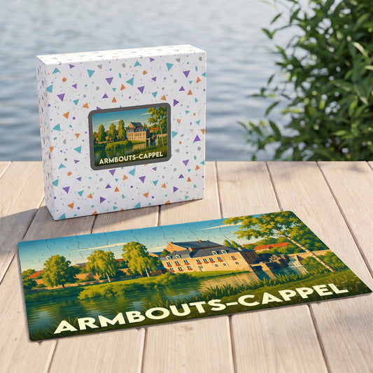 Puzzle souvenir de la ville d'Armbouts-Cappel avec une illustration stylisée d'un paysage fluvial.