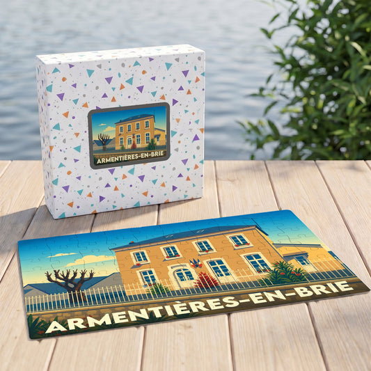 Puzzle souvenir de la ville de Armentières-en-Brie avec une illustration stylisée de sa mairie.