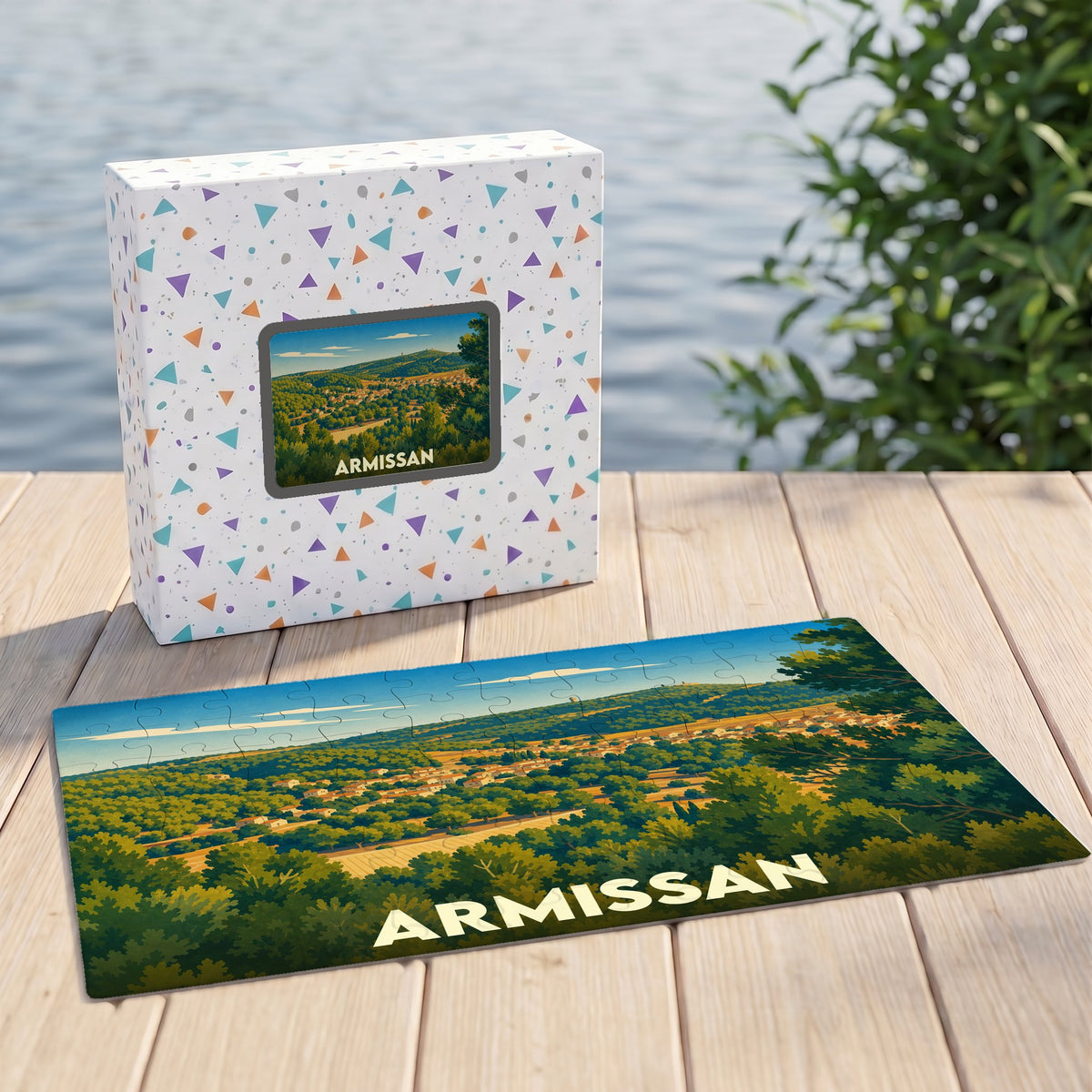Puzzle souvenir de la ville d'Armissan avec une illustration paysagère stylisée.