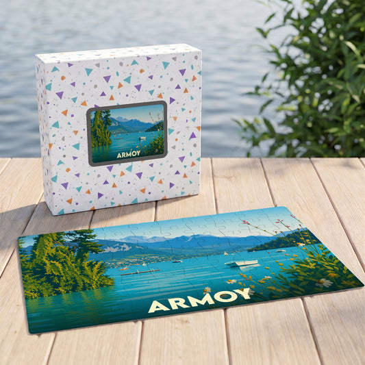 Puzzle souvenir de la ville d'Armoy avec une illustration stylisée d'un lac de montagne.