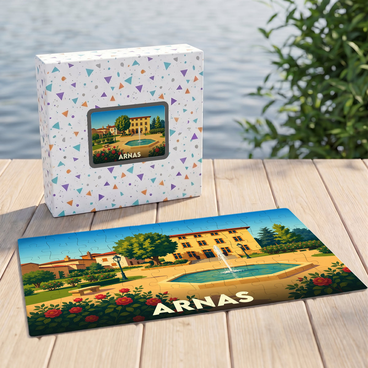 Puzzle souvenir de la ville d'Arnas illustrant un domaine viticole avec son château et sa fontaine.
