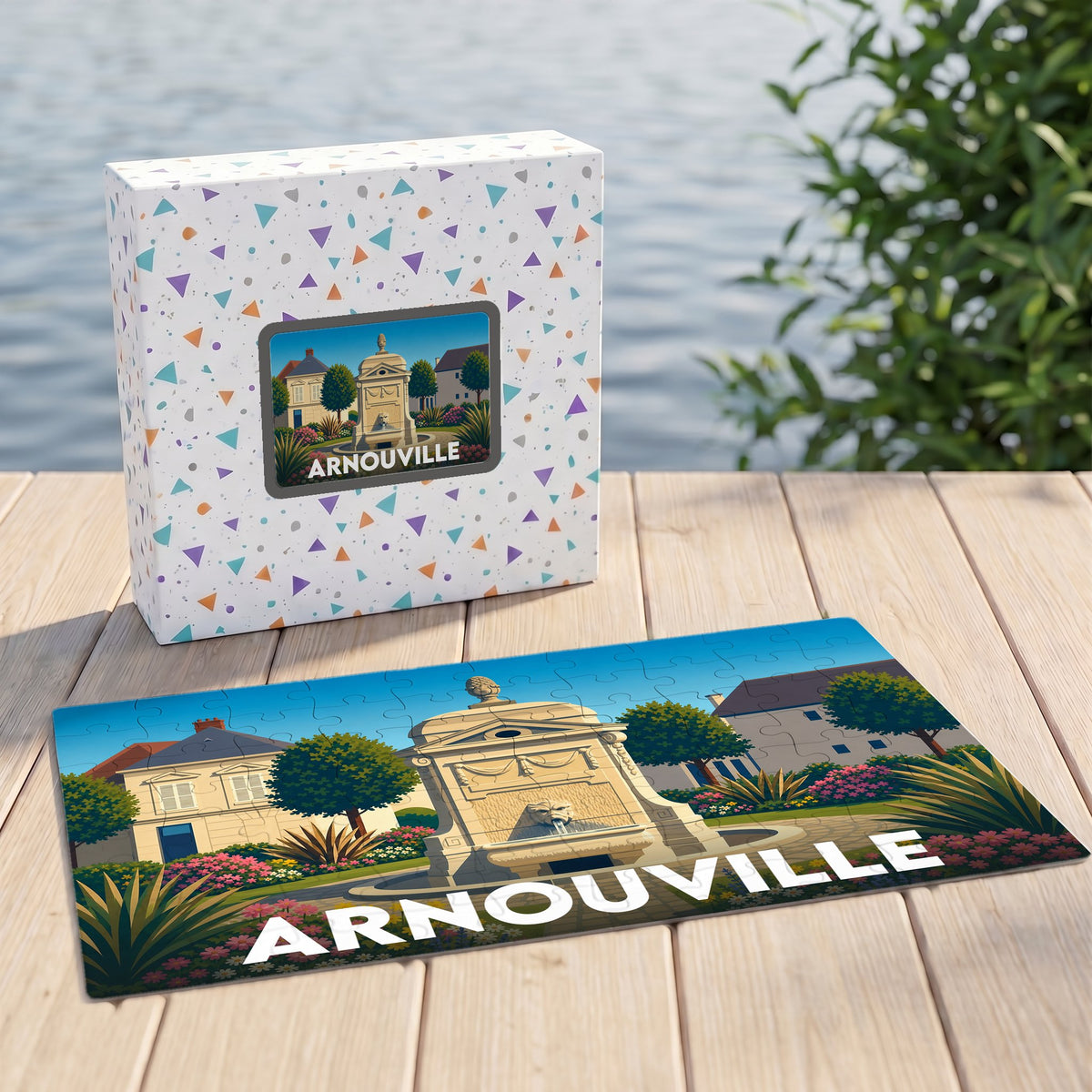 Puzzle souvenir de la ville d'Arnouville avec une illustration stylisée d'une fontaine historique.