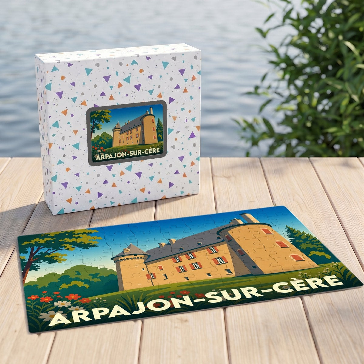 Puzzle souvenir de la ville d'Arpajon-sur-Cère avec une illustration stylisée d'un château.