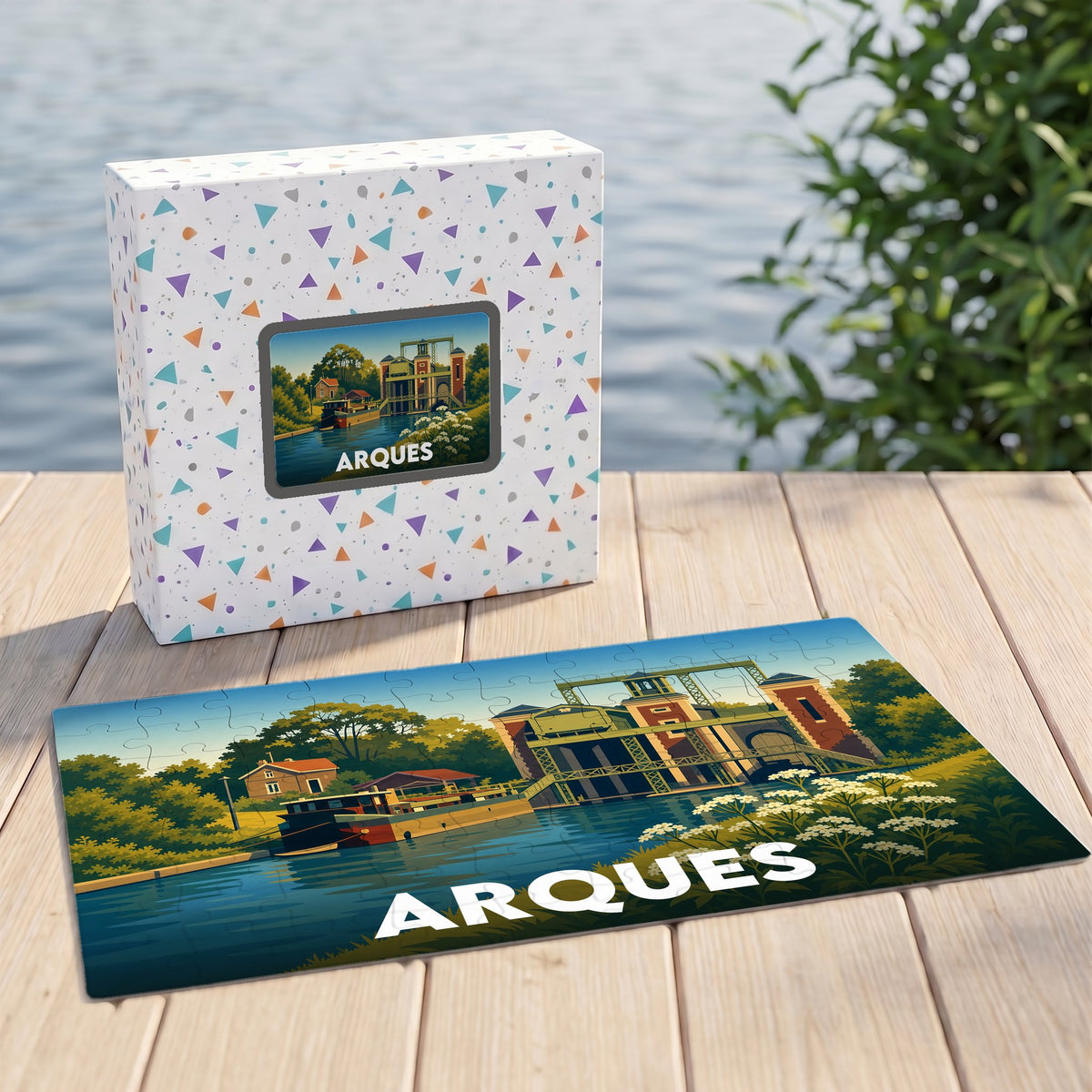 Puzzle souvenir de la ville d'Arques avec une illustration stylisée d'un ascenseur à bateaux.