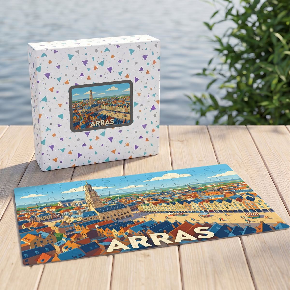 Puzzle souvenir de la ville d'Arras présentant une illustration stylisée de ses places et de son beffroi.