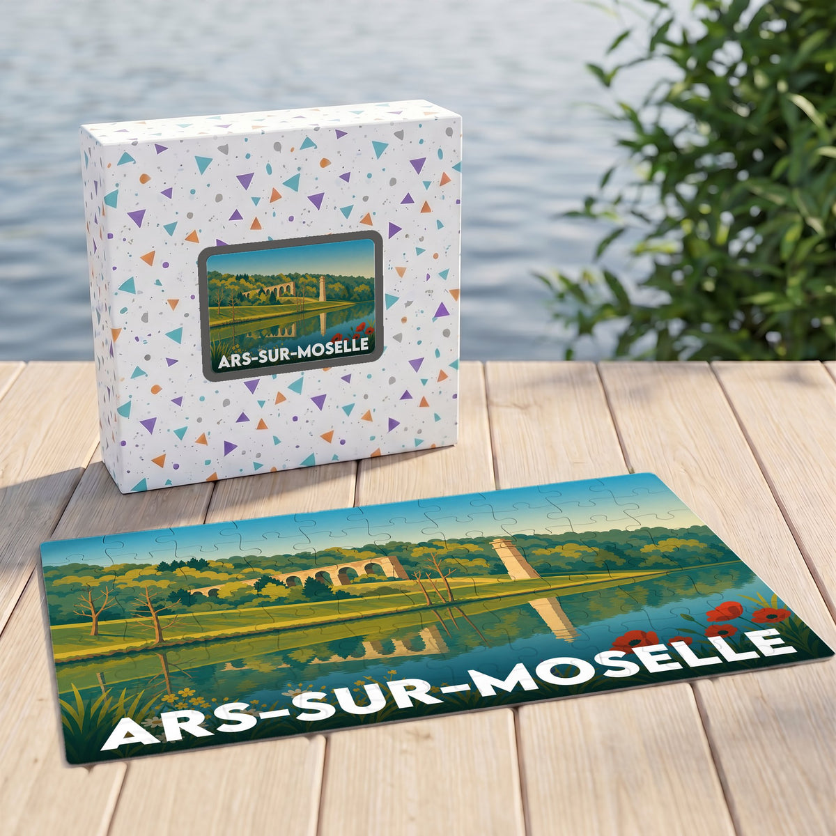 Puzzle souvenir de la ville d'Ars-sur-Moselle avec une illustration stylisée de son aqueduc et de la rivière.