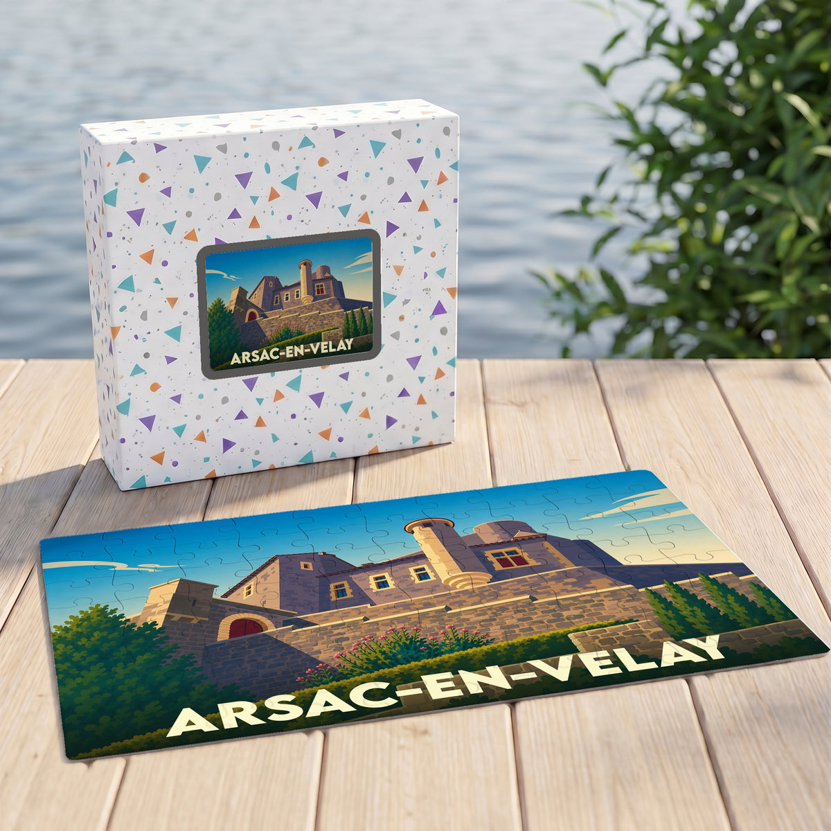 Puzzle souvenir de la ville de Arsac-en-Velay avec une illustration stylisée de son château.