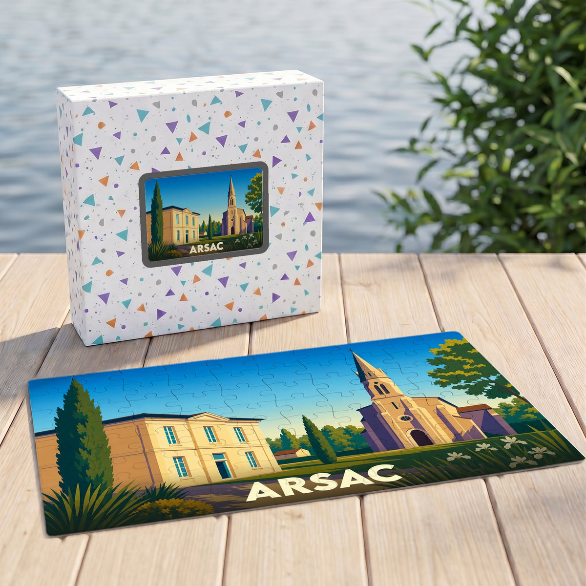 Puzzle souvenir de la ville d'Arsac présentant une illustration stylisée de son église et de son patrimoine.