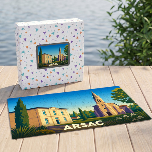 Puzzle souvenir de la ville d'Arsac présentant une illustration stylisée de son église et de son patrimoine.