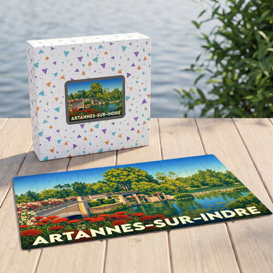 Puzzle souvenir de la ville de Artannes-sur-Indre avec une illustration stylisée d'un paysage fleuri au bord de l'eau.