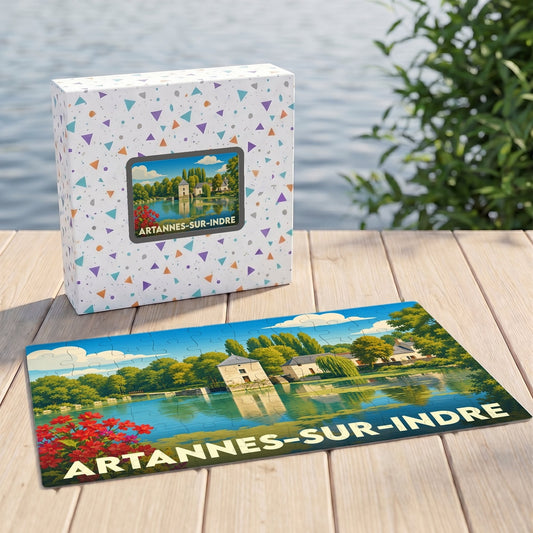 Puzzle souvenir de la ville d'Artannes-sur-Indre avec une illustration stylisée d'un paysage fluvial.
