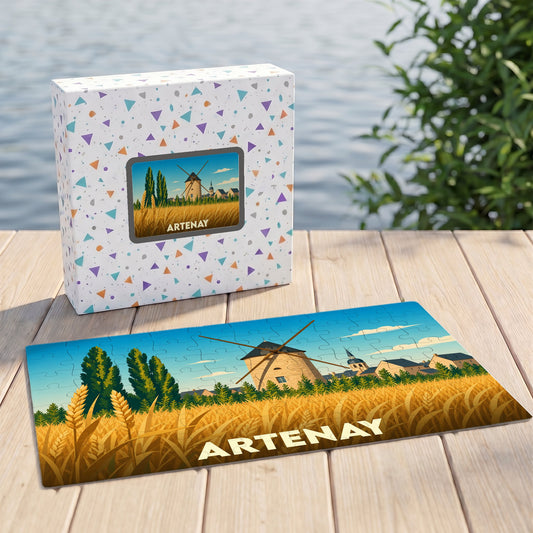 Puzzle souvenir de la ville d'Artenay représentant un moulin au milieu d'un champ de blé.