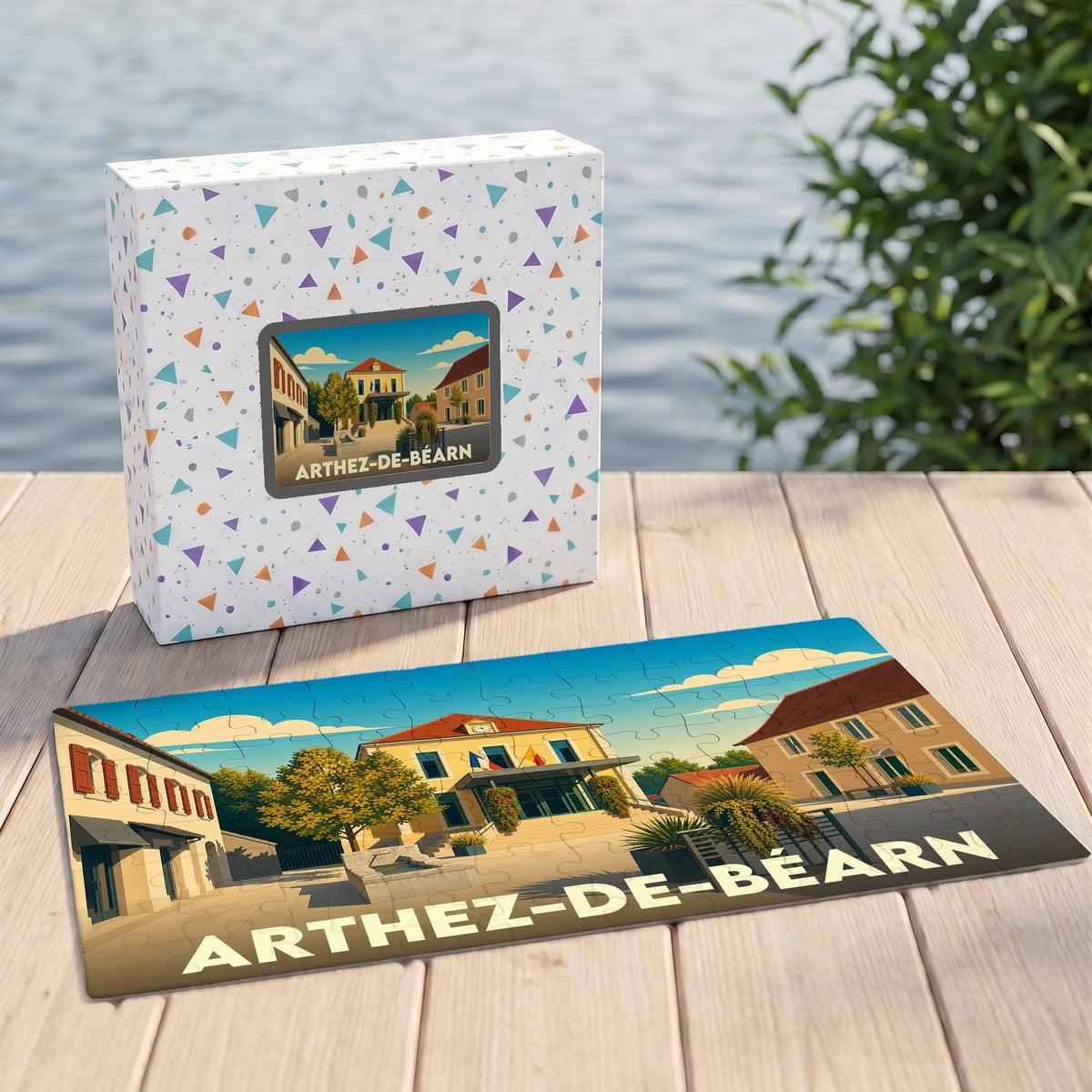 Puzzle souvenir de la ville d'Arthez-de-Béarn avec une illustration stylisée de sa place principale.
