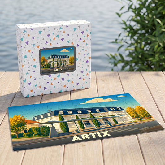 Puzzle souvenir de la ville d'Artix avec une illustration stylisée d'un bâtiment emblématique.