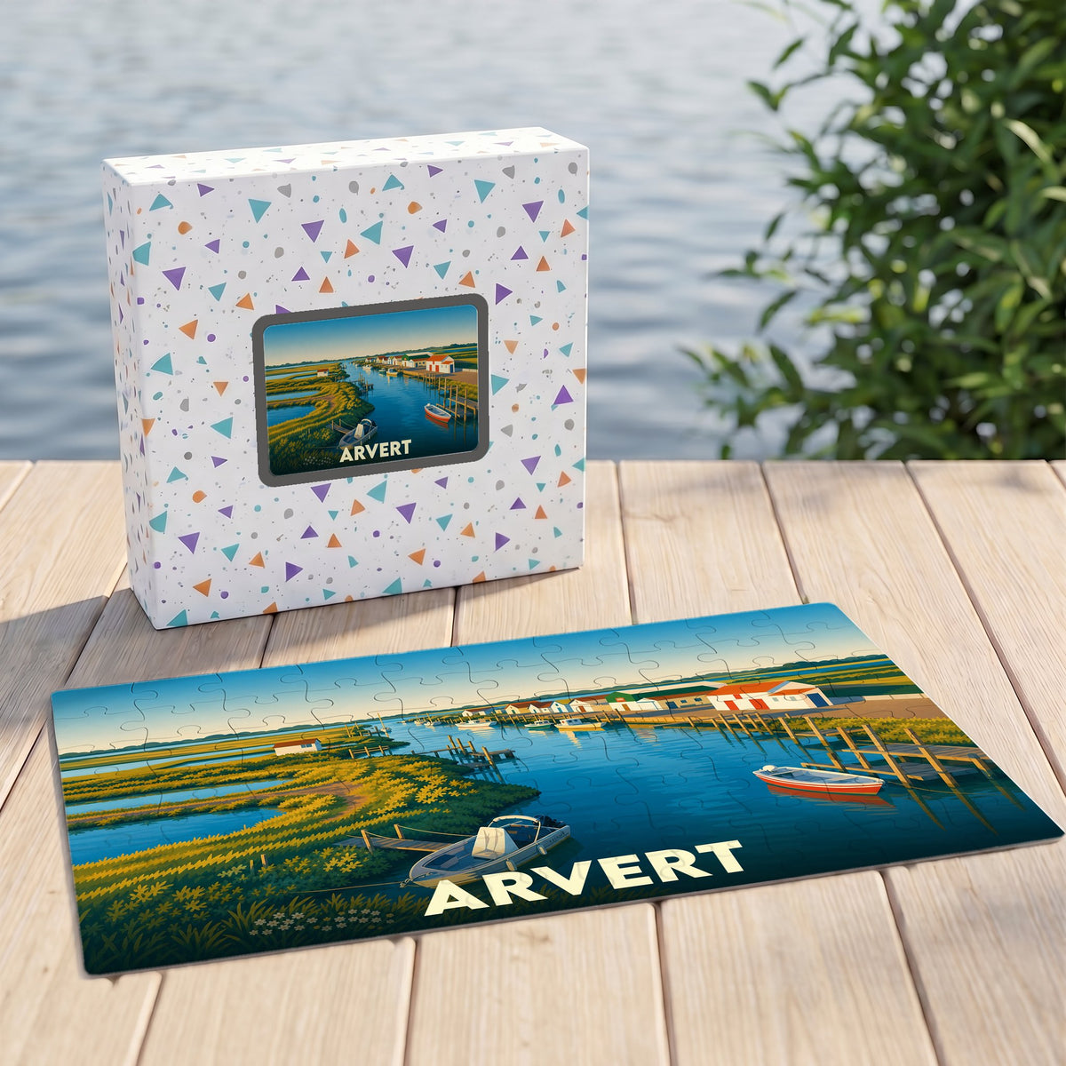 Puzzle souvenir de la ville de Arvert illustrant son port ostréicole dans un style vintage.