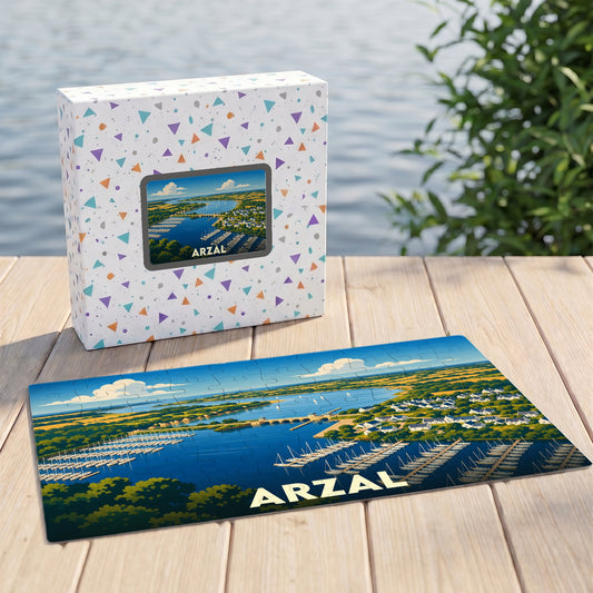 Puzzle souvenir de la ville d'Arzal avec une illustration stylisée de son port et de son barrage.