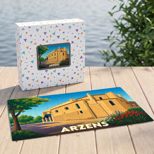Puzzle souvenir de la ville d'Arzens avec une illustration stylisée de son église.