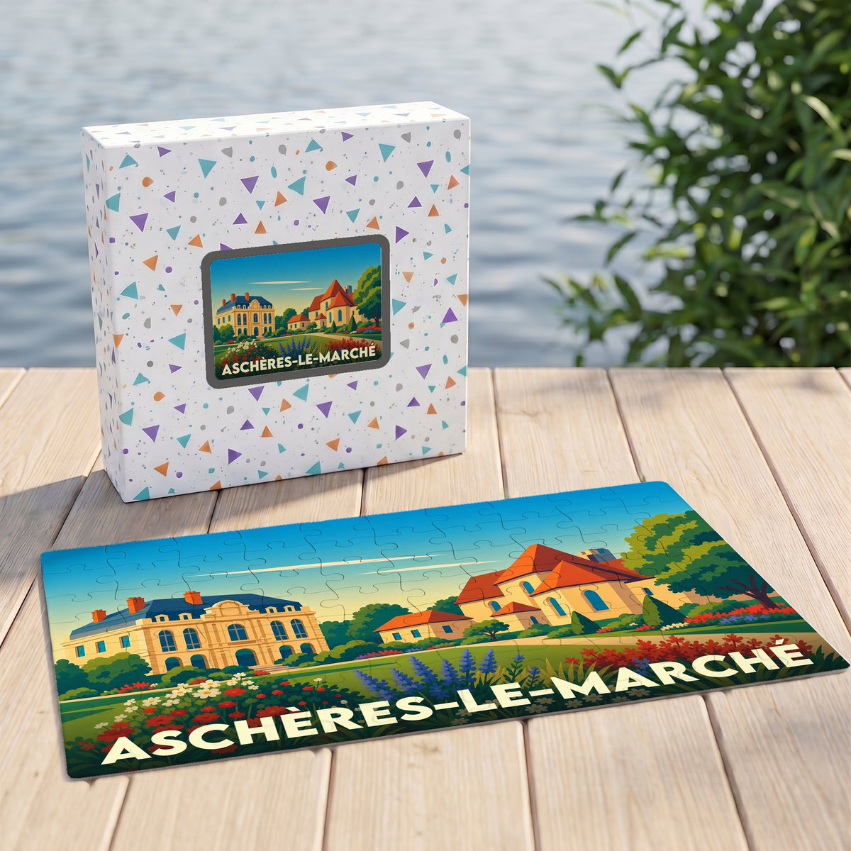Puzzle souvenir de la commune d'Aschères-le-Marché avec une illustration stylisée et colorée de ses bâtiments emblématiques.