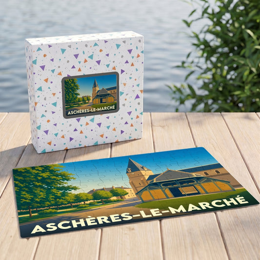 Puzzle souvenir de la ville d'Aschères-le-Marché avec une illustration stylisée de ses monuments emblématiques.