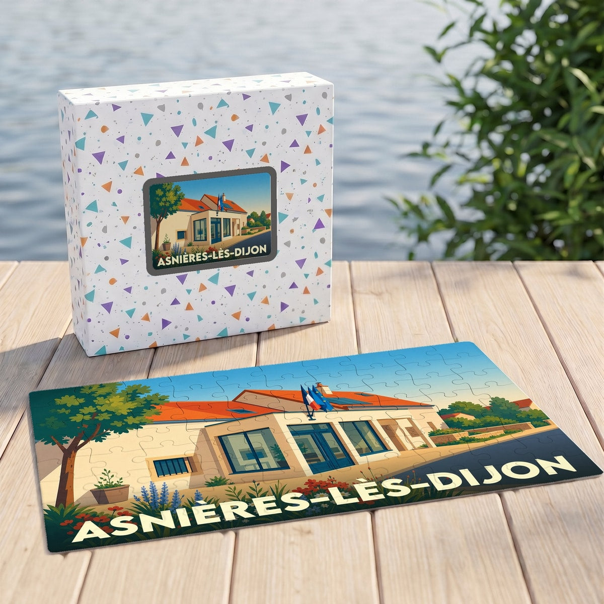 Puzzle souvenir de la commune d'Asnières-lès-Dijon avec une illustration stylisée de sa mairie.