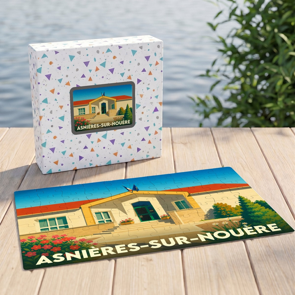 Puzzle souvenir de la ville d'Asnières-sur-Nouère avec une illustration stylisée de sa mairie.