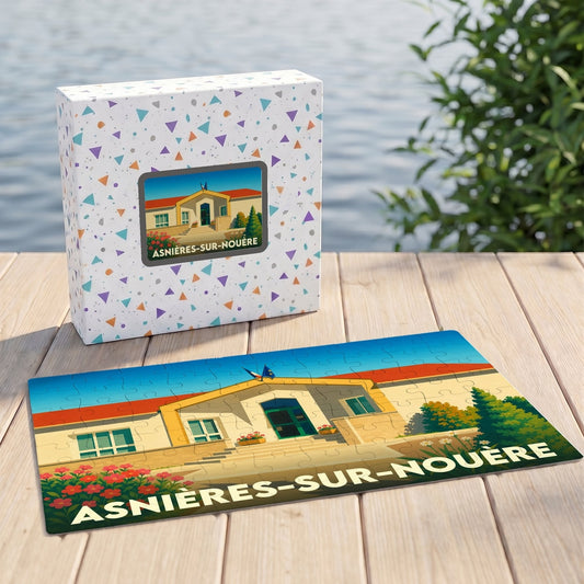 Puzzle souvenir de la ville d'Asnières-sur-Nouère avec une illustration stylisée de sa mairie.