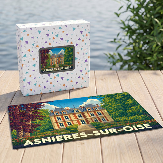 Puzzle souvenir de la ville d'Asnières-sur-Oise avec une illustration stylisée d'un château.