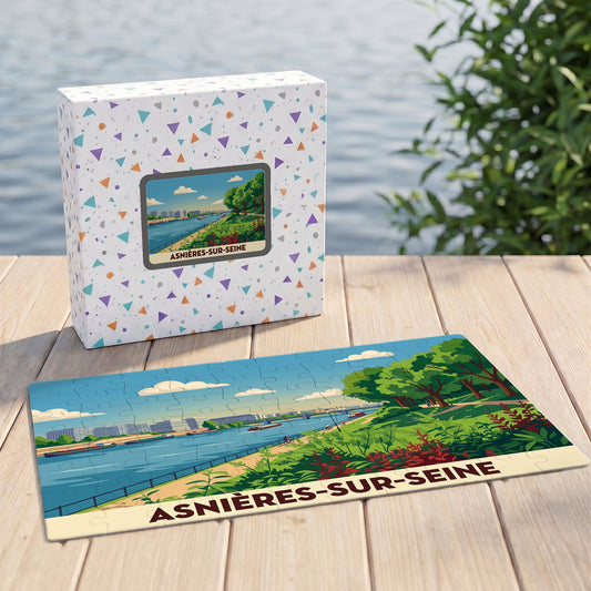 Puzzle souvenir de la ville de Asnières-sur-Seine avec une illustration stylisée de ses bords de Seine.