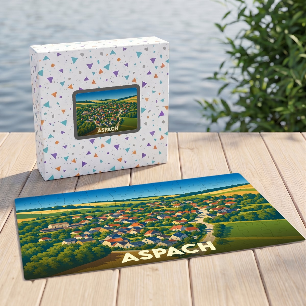 Puzzle souvenir de la ville d'Aspach avec une illustration stylisée d'un paysage urbain.
