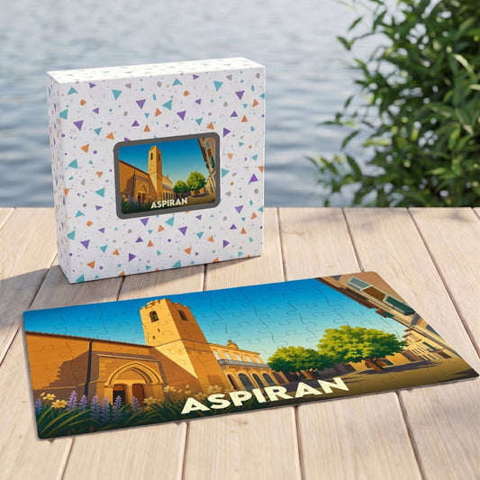 Puzzle souvenir de la ville d'Aspiran avec une illustration stylisée de son architecture.