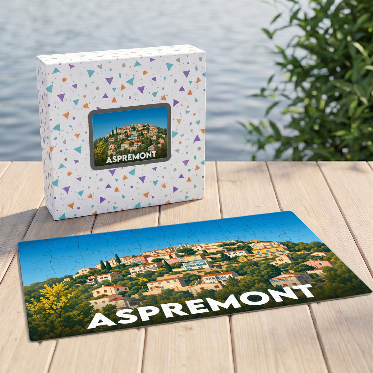 Puzzle souvenir de la ville d'Aspremont avec une illustration colorée de ses maisons à flanc de colline.