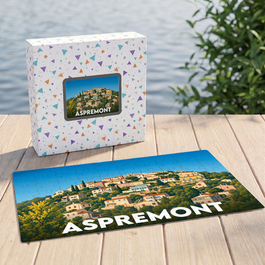 Puzzle souvenir de la ville d'Aspremont avec une illustration colorée de ses maisons à flanc de colline.