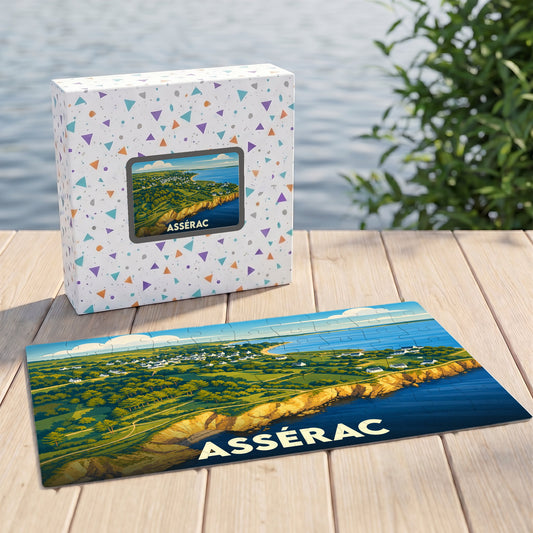 Puzzle souvenir de la ville d'Assérac représentant un paysage côtier illustré avec son coffret assorti.