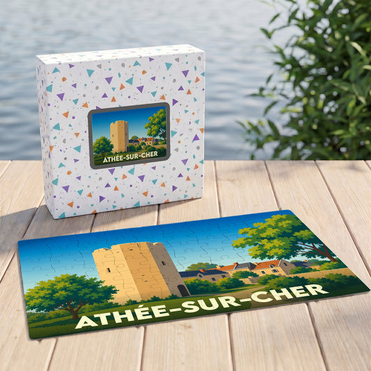 Puzzle souvenir de la ville de Athée-sur-Cher avec une illustration stylisée d'une tour historique.