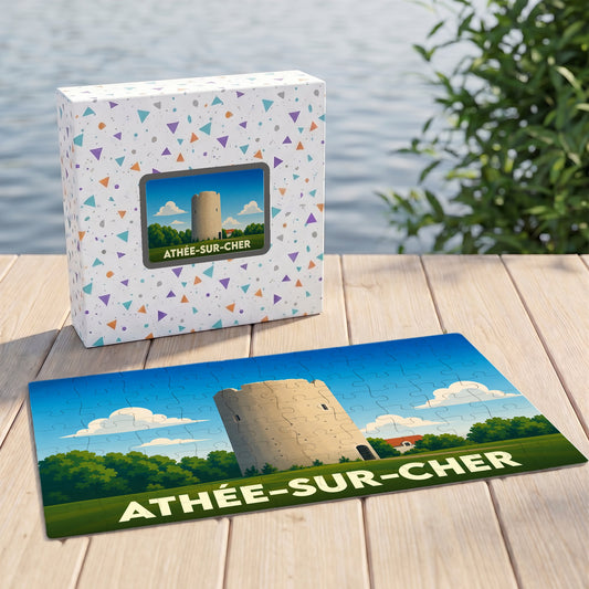 Puzzle souvenir de la ville de Athée-sur-Cher avec une illustration stylisée d'une tour historique.